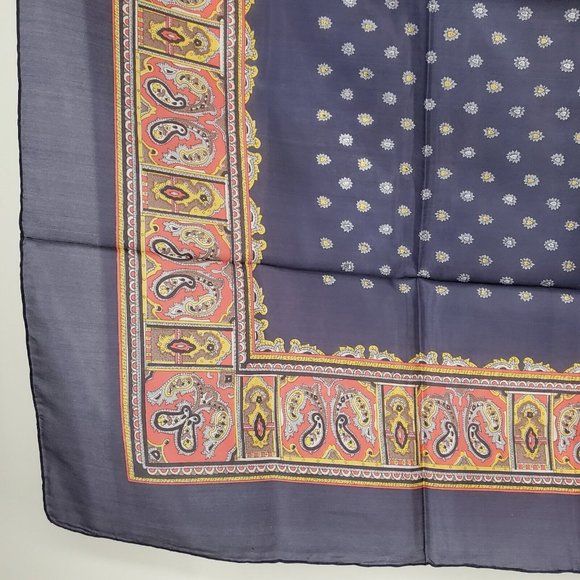 Vintage Silk Scarf Square Navy Blue Paisley Floral 31" Hand Rolled - Picture 3 of 10